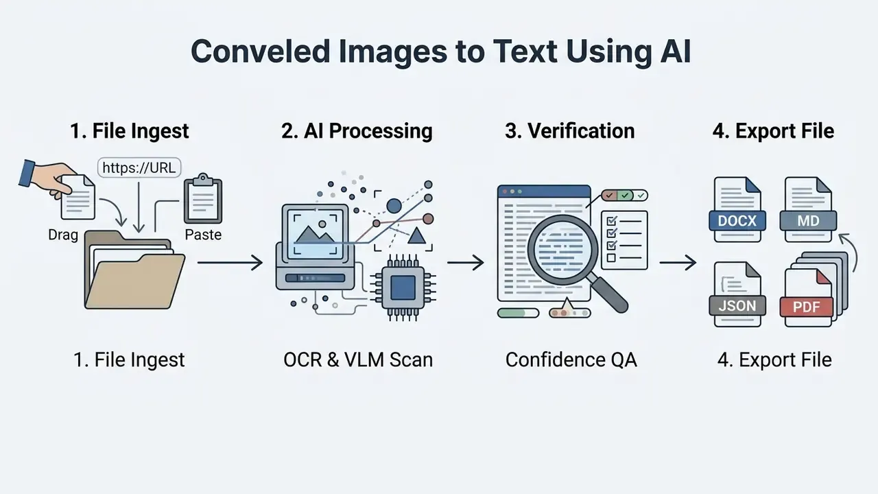 Linear process diagram showing file ingestion, AI scanning, quality verification, and file format export