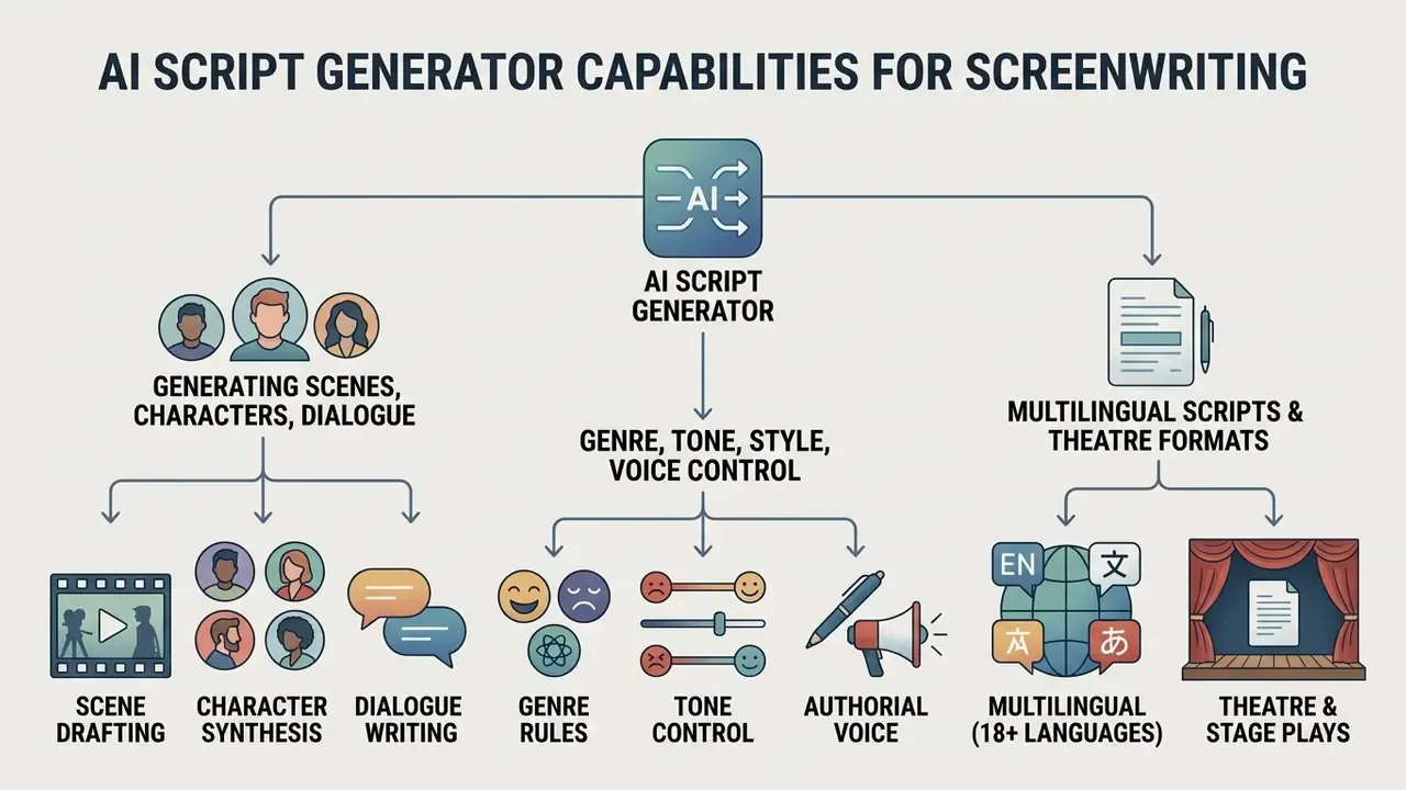 Hierarchical diagram detailing automated screenwriting functions like scene drafting and dialogue synthesis