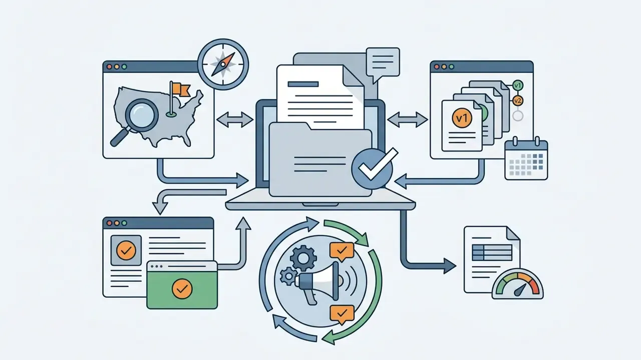 Laptop with documents connected to maps, versioned files, and a notification cycle for legal updates