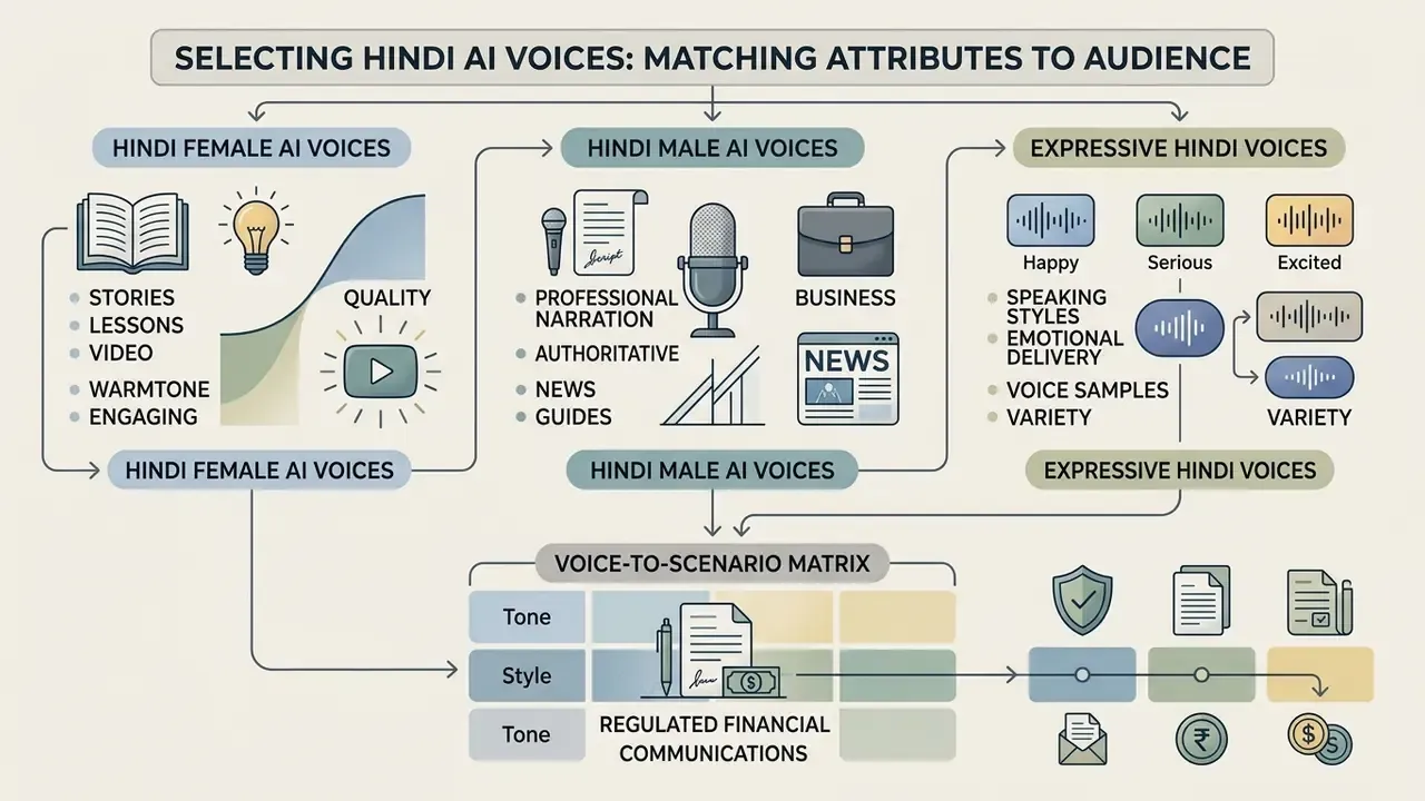 Categorization chart matching Hindi AI voice styles and genders to specific professional scenarios