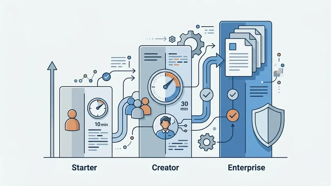 Stepped columns representing Starter, Creator, and Enterprise AI video pricing plans with feature icons