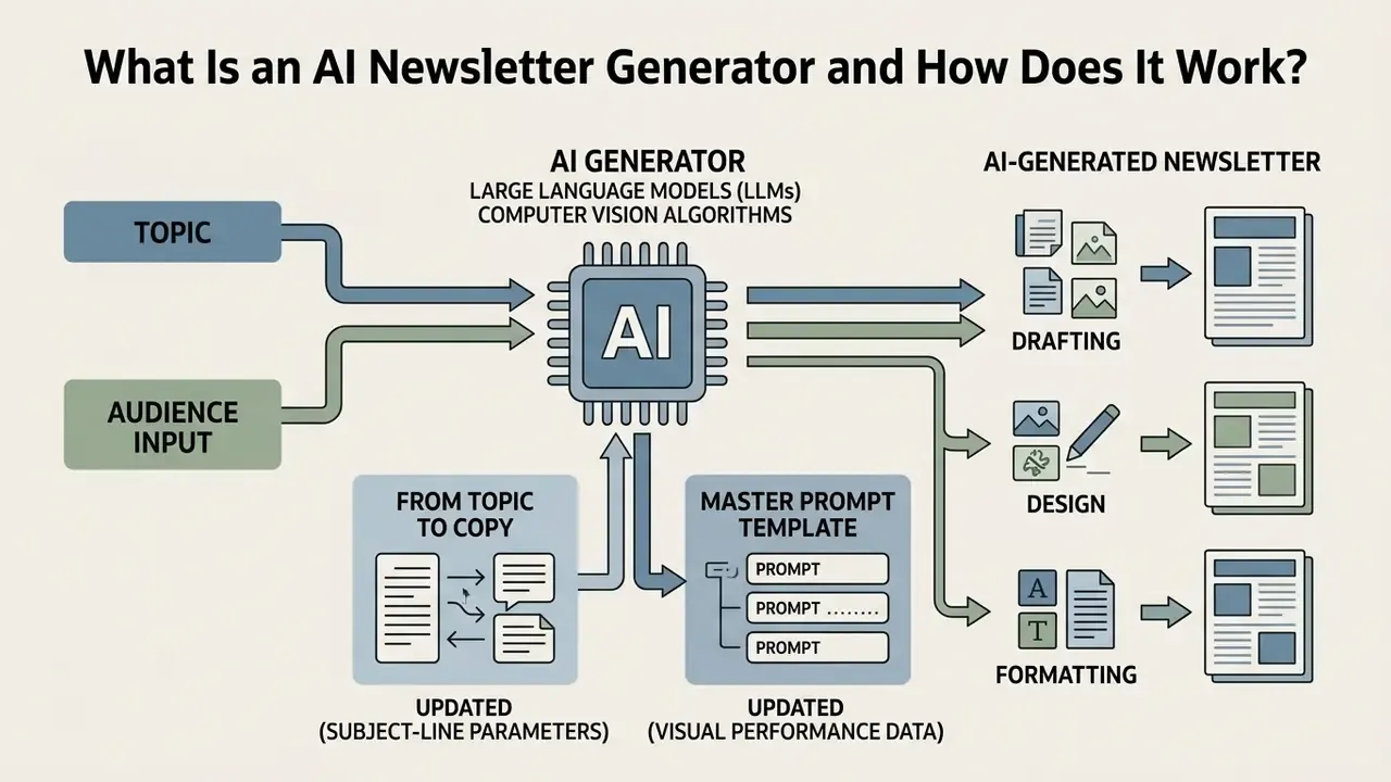 Flowchart showing topic and audience inputs being processed by AI to draft, design, and format newsletters