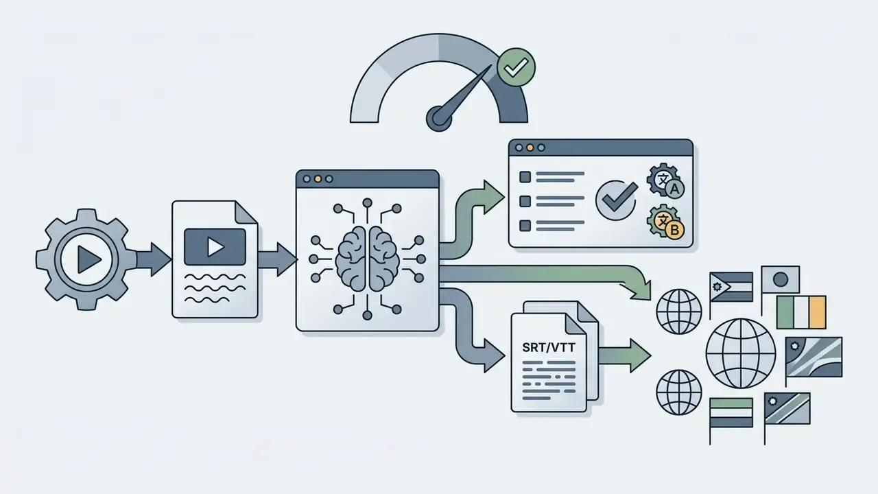 AI engine processing video files into translated subtitles and global language formats