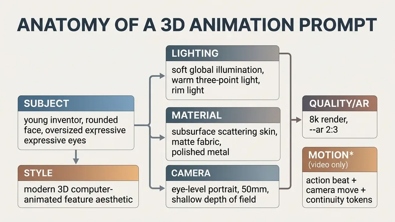 Diagram breaking down the components of a 3D animation prompt into subject, style, lighting, and camera