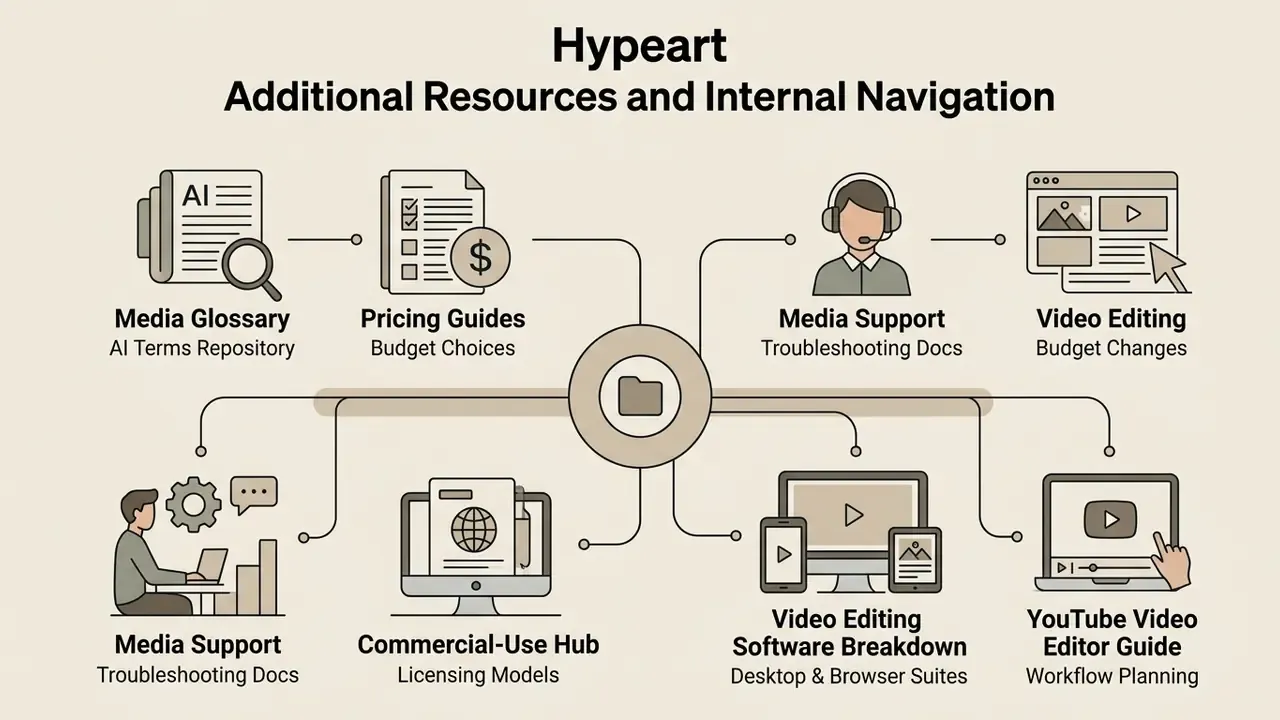 Infographic connecting media processing resources like pricing guides, support, and software breakdowns