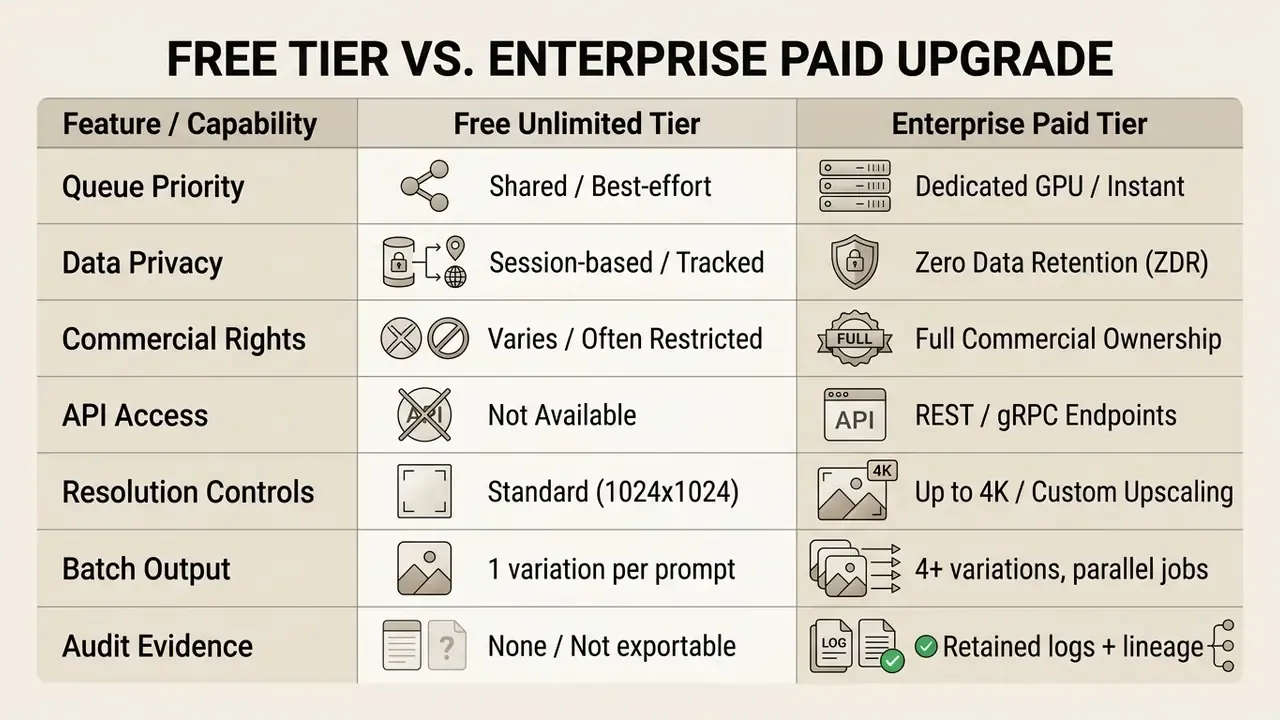Comparison table contrasting features and capabilities between free and enterprise image generation tiers