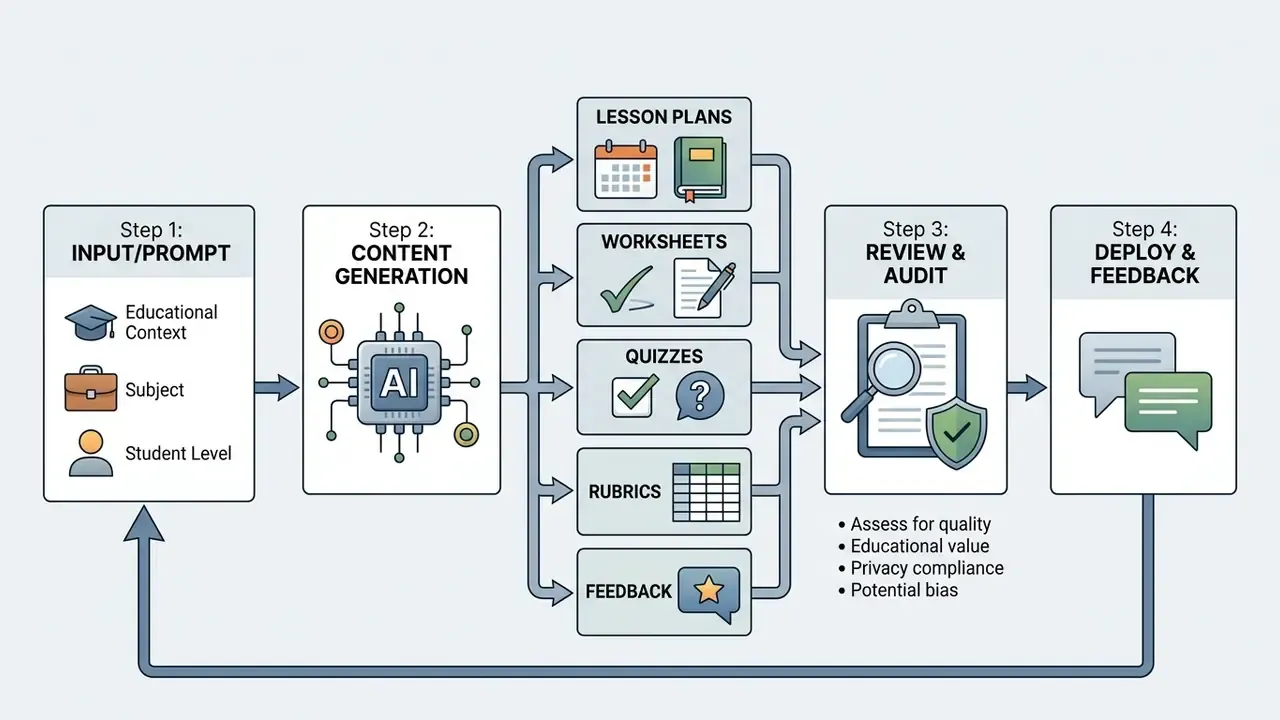Sequential diagram showing a four-step process for generating and auditing AI educational content