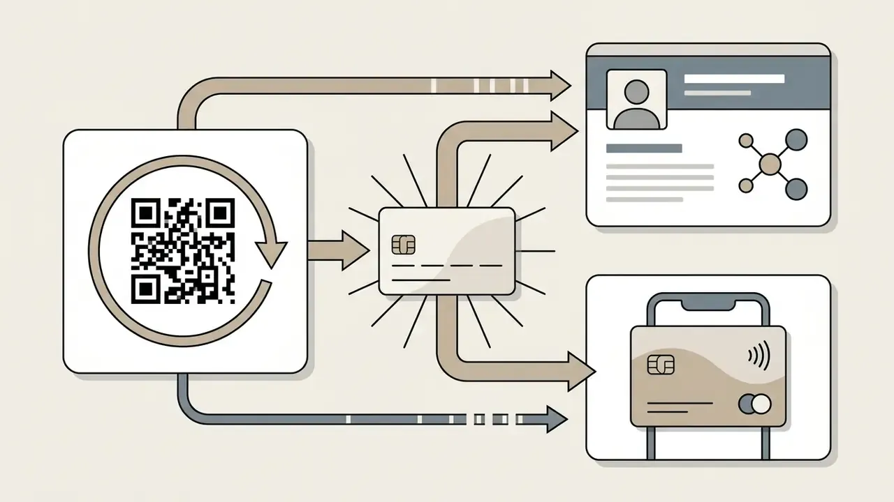 QR code linked to a payment card and digital profile icons through a network of directional arrows
