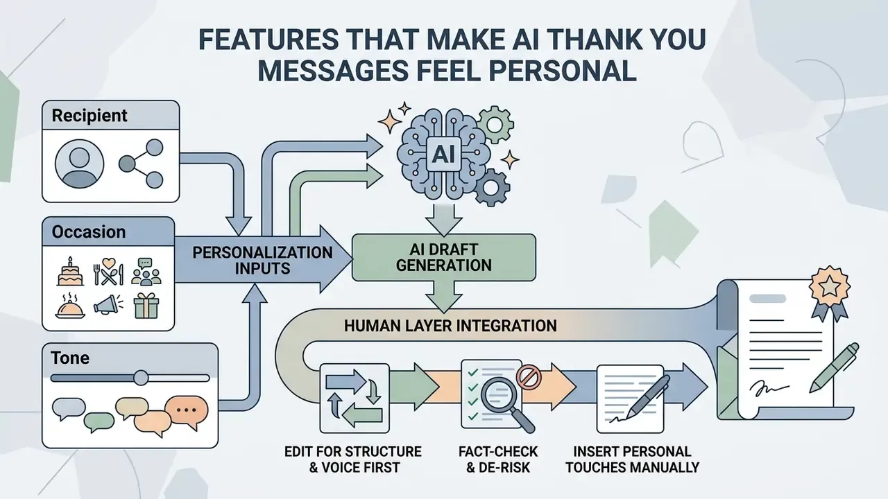 Infographic showing how to refine an AI thank you note generator output with human editing and oversight