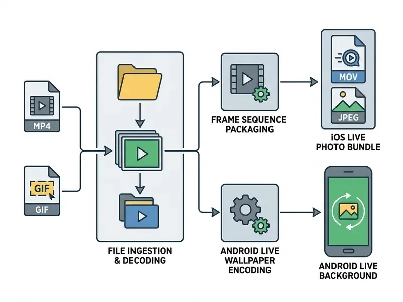Diagram showing a video to live wallpaper conversion pipeline for iOS and Android output formats