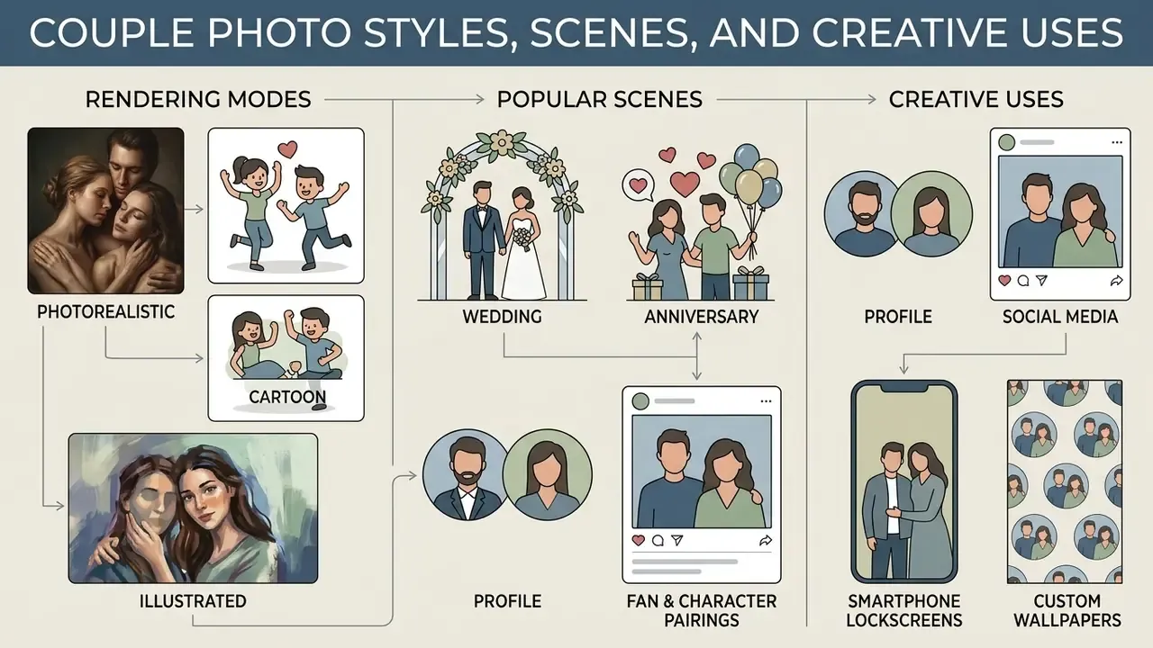 Infographic displaying rendering modes, popular scenes, and creative uses for an AI couple photo maker