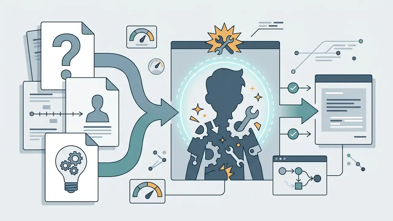 Conceptual representation of character design inputs merging into a central silhouette for refinement