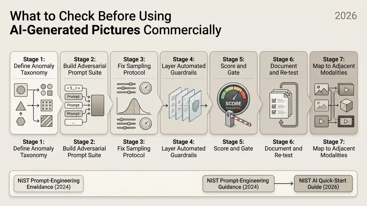 Seven stage process diagram for validating AI images including taxonomy, prompts, guardrails, and testing