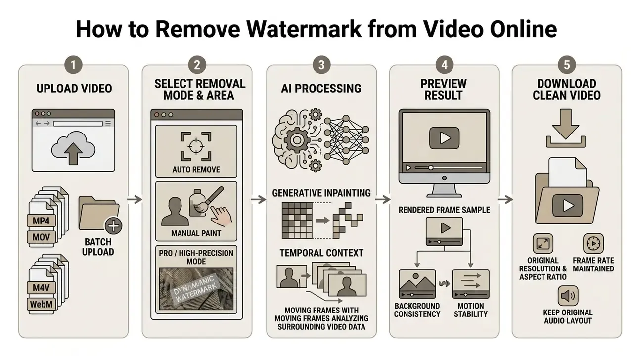 Five-step process diagram detailing the workflow for an online video watermark remover