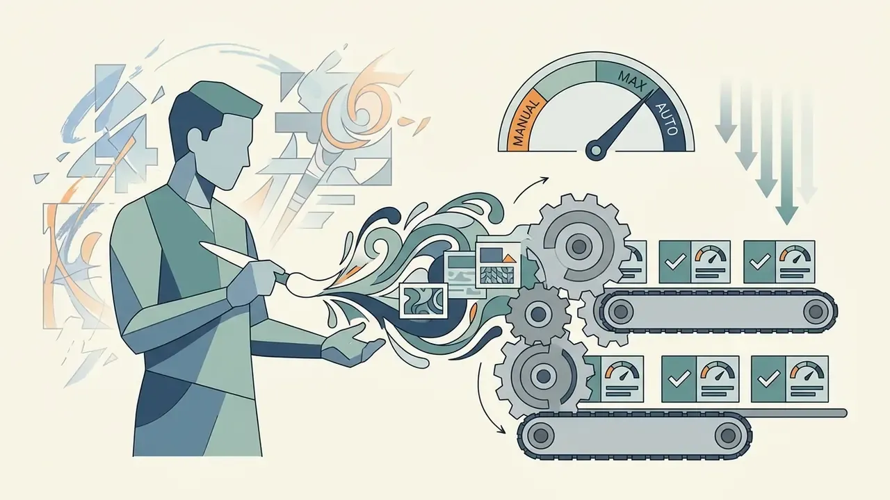 Artist using a brush to feed creative elements into a gear-driven conveyor belt system with gauge indicators