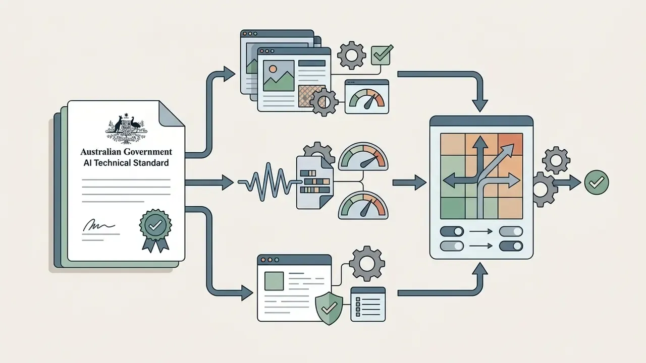 Government standard document feeding into media processing tools that output to a risk navigation grid