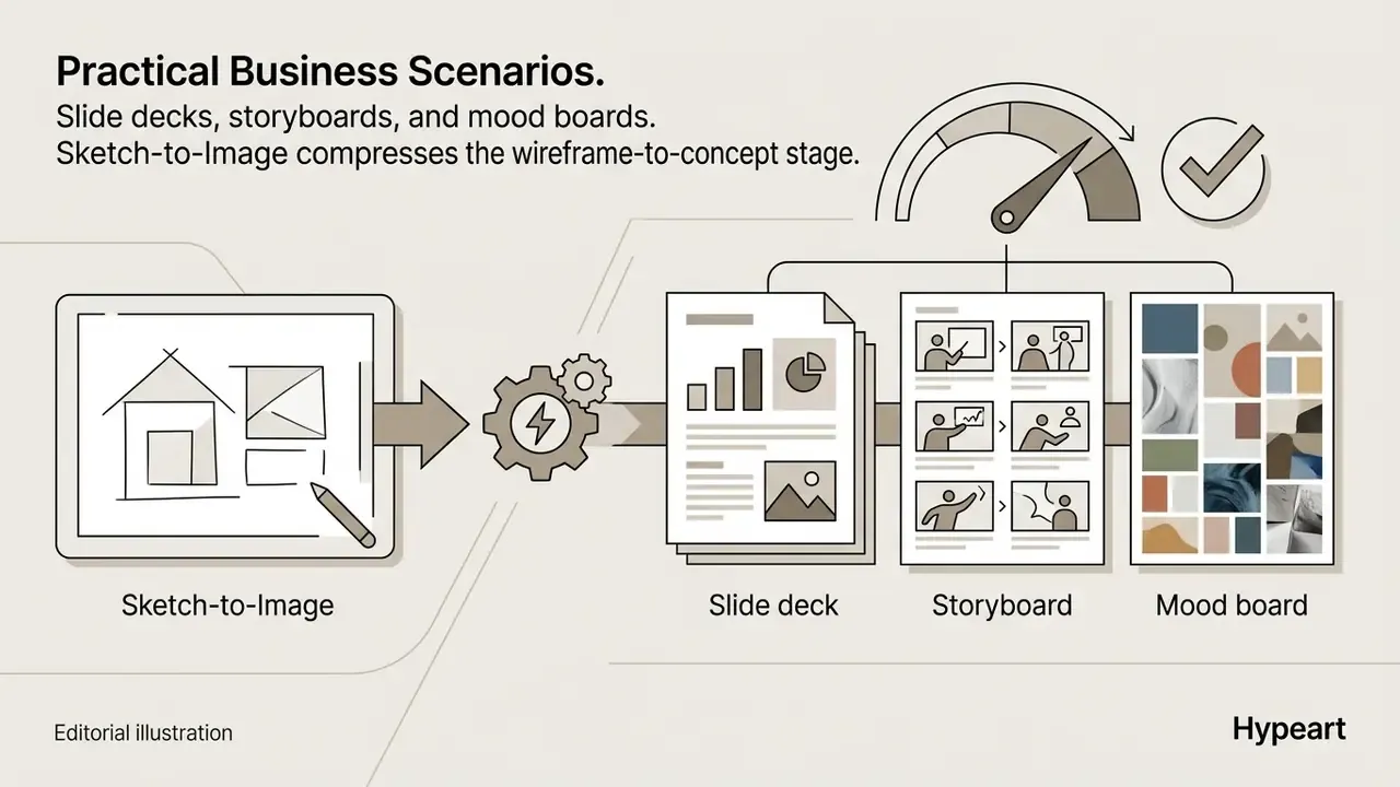 Tablet sketch transforming into slide decks, storyboards, and mood boards via a gear-driven process