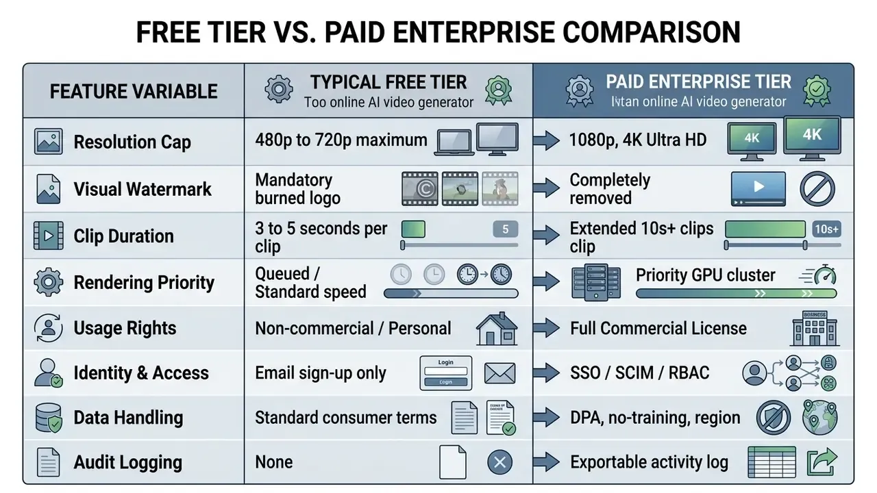 Table contrasting features and service levels between a free tier and a paid enterprise video platform