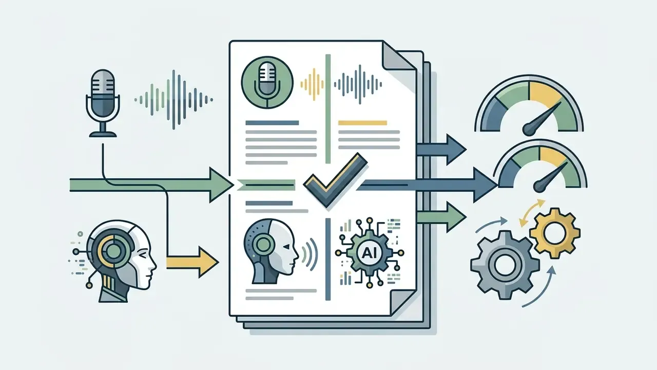 Microphone and robot head icons feeding into a contract form with gauges and gears indicating processing