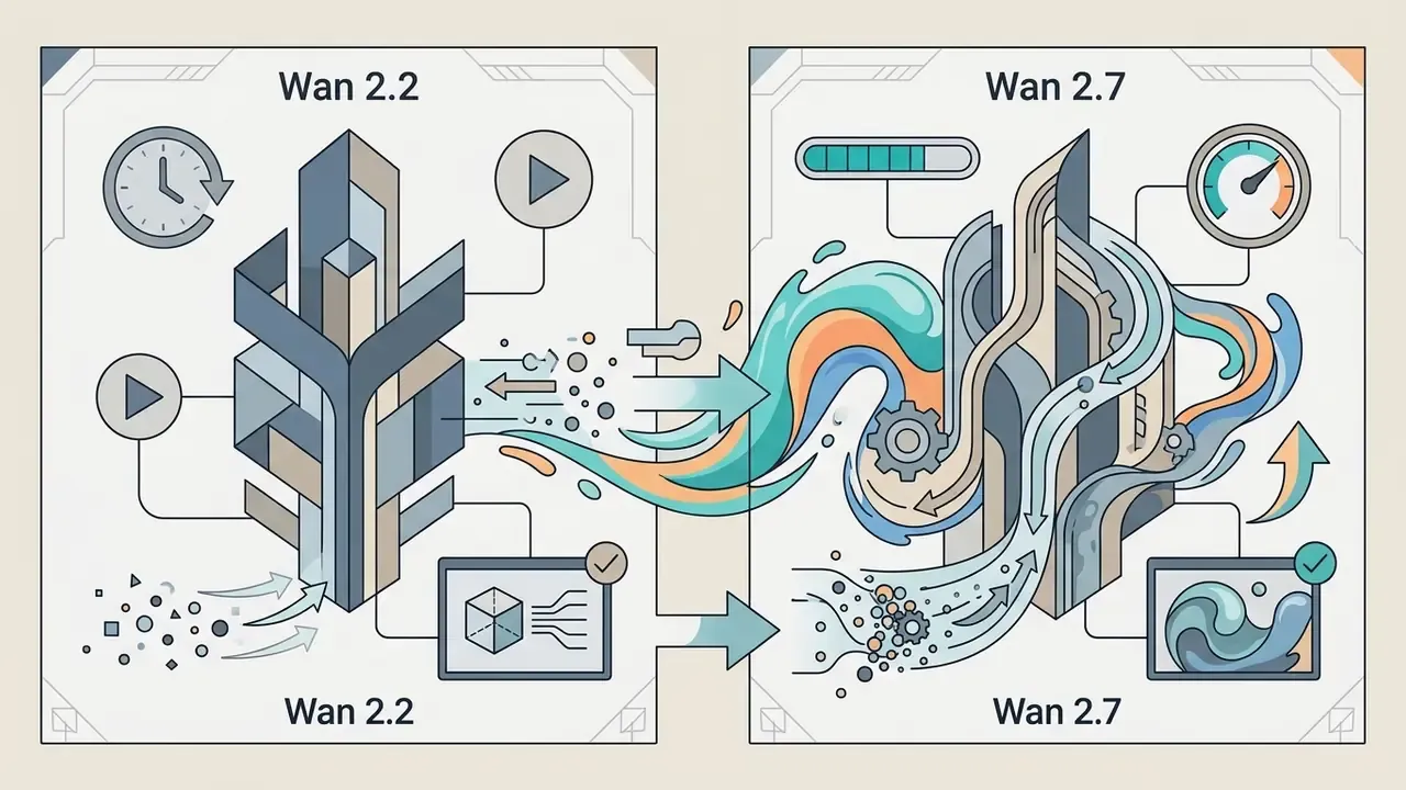 Side by side comparison of Wan 2.2 and Wan 2.7 architectures showing fluid data processing and motion flow