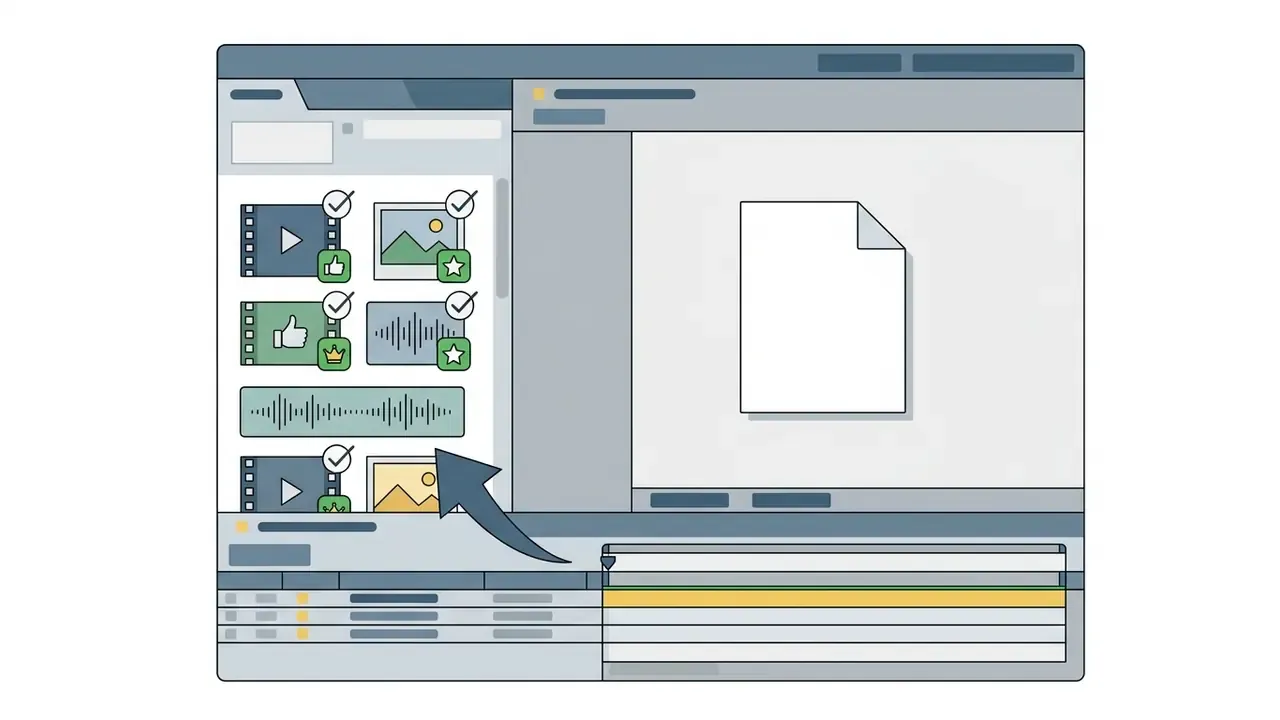 Video editor interface showing an asset panel with checkmarks indicating free and premium media items