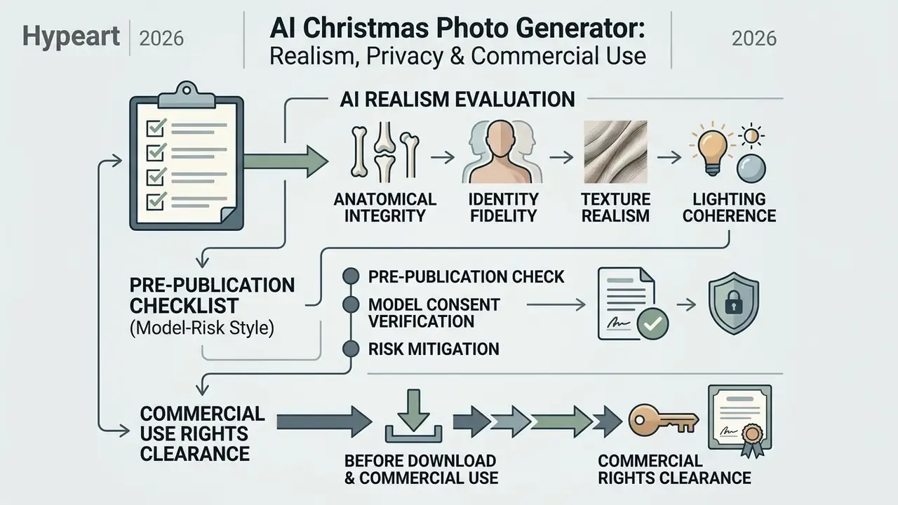 Flowchart outlining evaluation steps for realism, pre-publication risk checks, and commercial rights