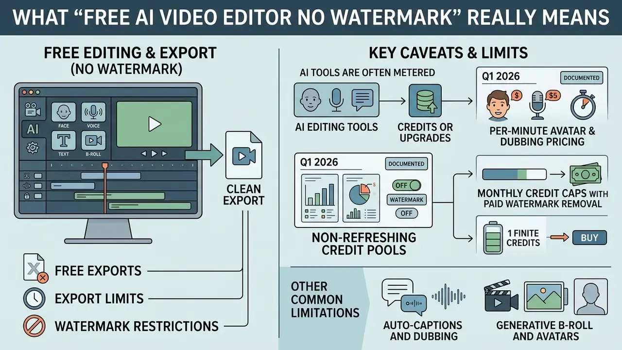 Infographic showing how a free AI video editor works alongside common usage limits and credit requirements