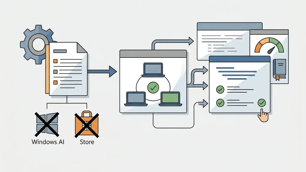 Process showing policy configuration for disabling Windows AI and Store features before pilot deployment