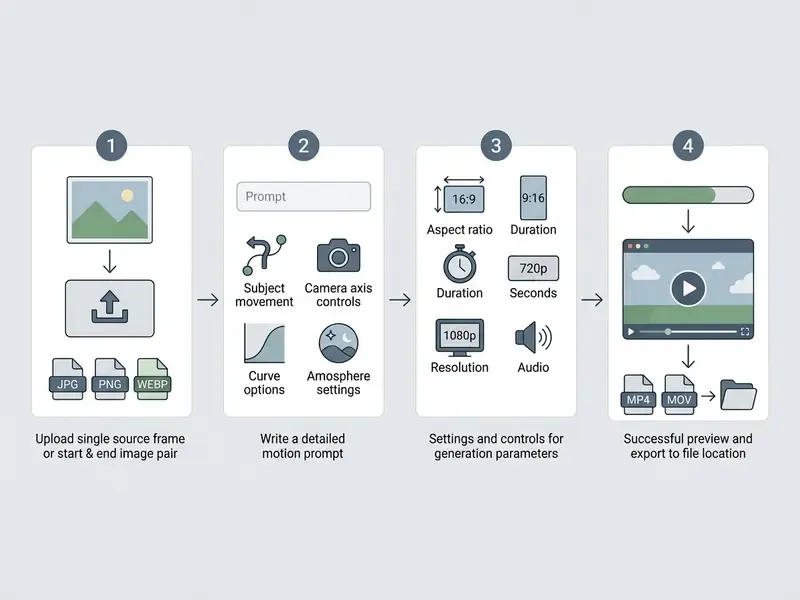 Four sequential stages for Hailuo AI video generation starting from image upload to final file export