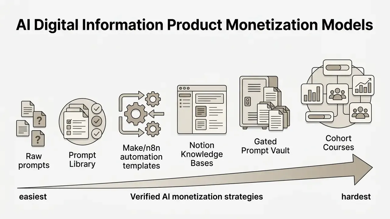 Icons representing digital product models ranked by difficulty from raw prompts to cohort courses