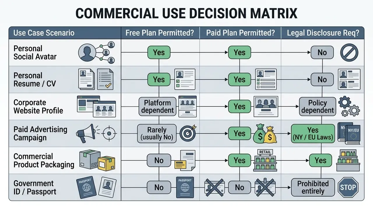 Matrix showing permission levels for free and paid AI portrait generator plans across various use cases