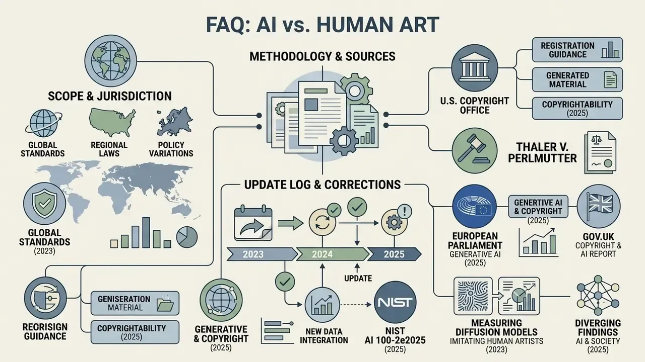 Visual map of methodology and sources for AI art versus human art research including legal and policy references