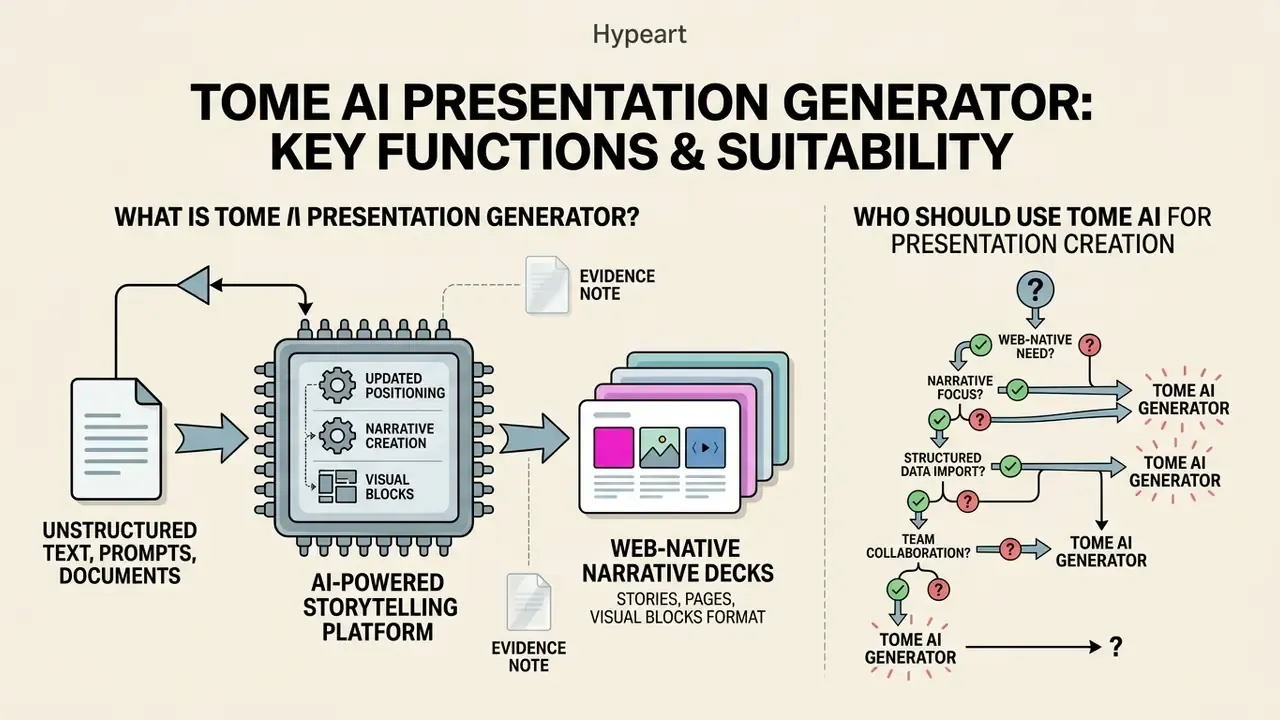 Diagram showing how the Tome AI presentation generator processes inputs into narrative decks and decision trees