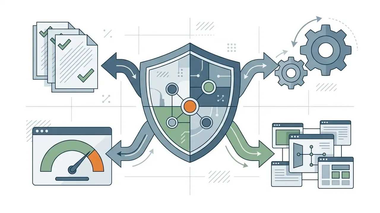 Shield icon connected to document stacks, a speedometer, gear mechanisms, and digital interface windows
