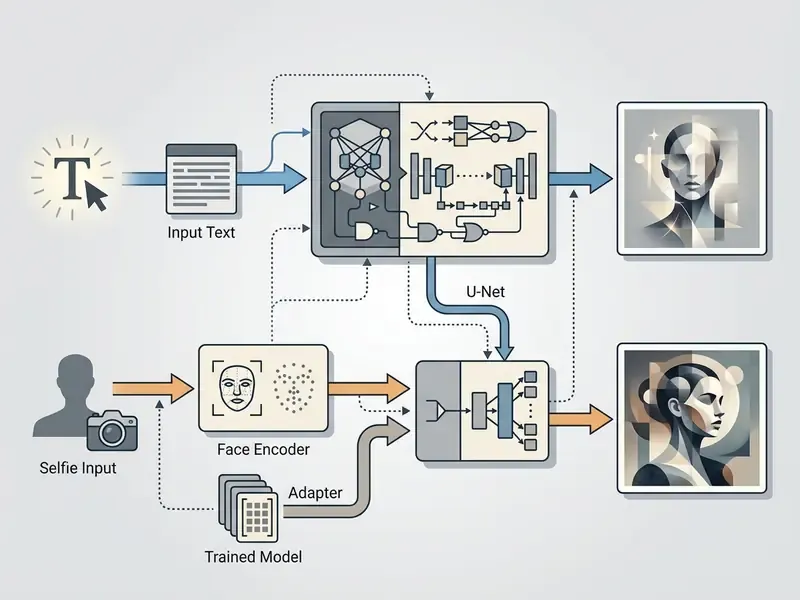 Flowchart comparing text-to-image and reference-guided AI workflows for generating portraits