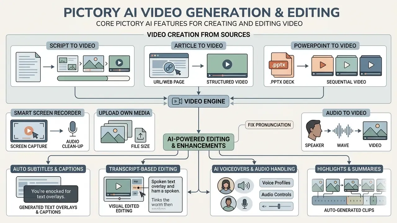 Infographic showing how Pictory AI transforms various source files and inputs into edited video content