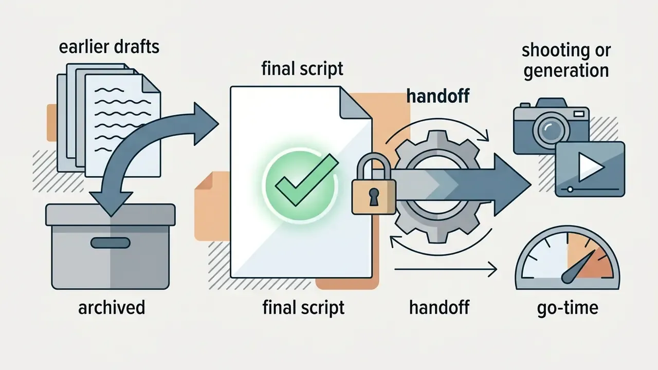 Archived drafts moving to a locked final script that transitions through gears to production and go-time