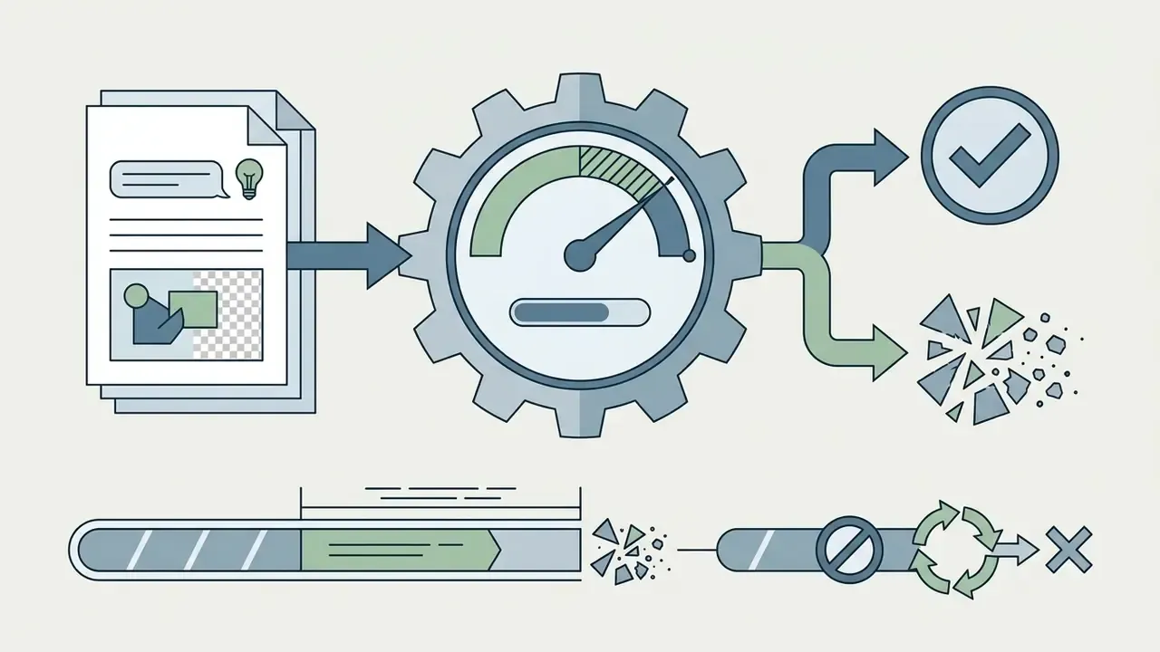 Document moving through a gear gauge to either a checkmark icon or a shredding process for deletion