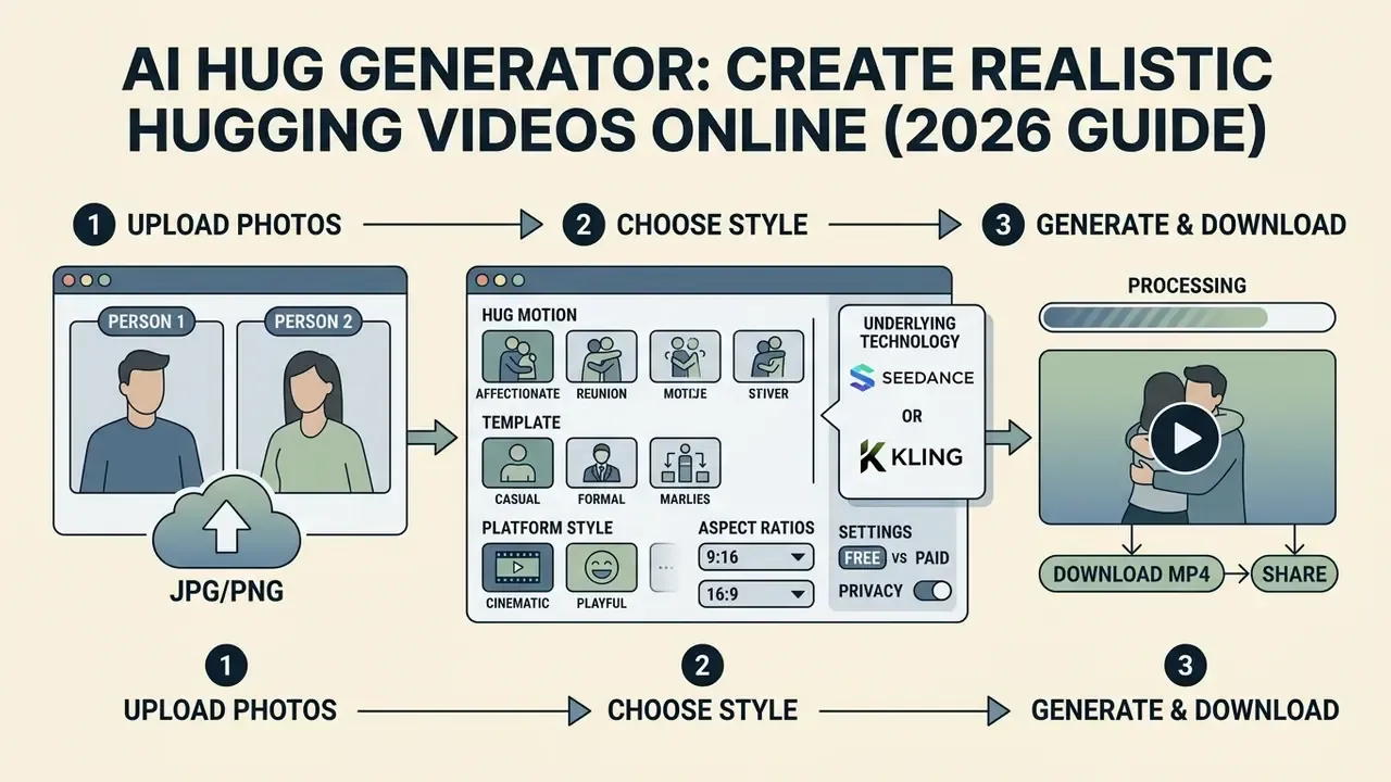 Three step workflow showing photo upload, style selection, and video generation for animated embraces