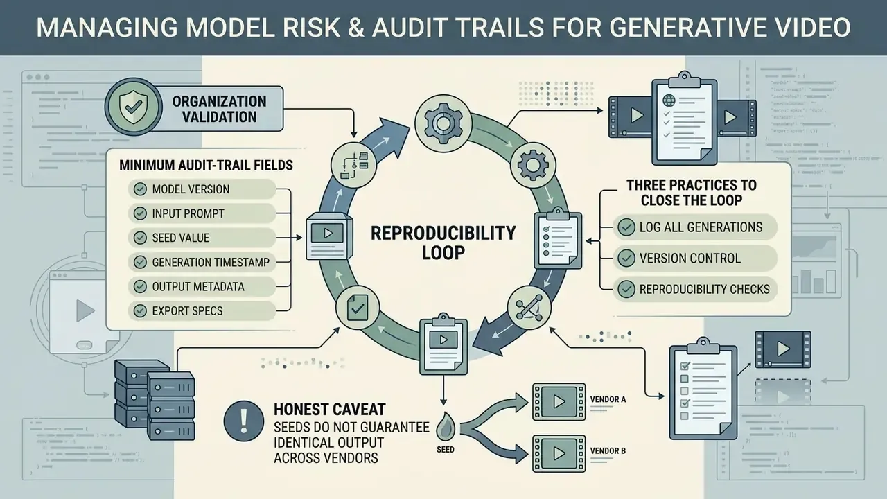 Circular diagram showing the reproducibility loop for generative video audit trails and validation practices