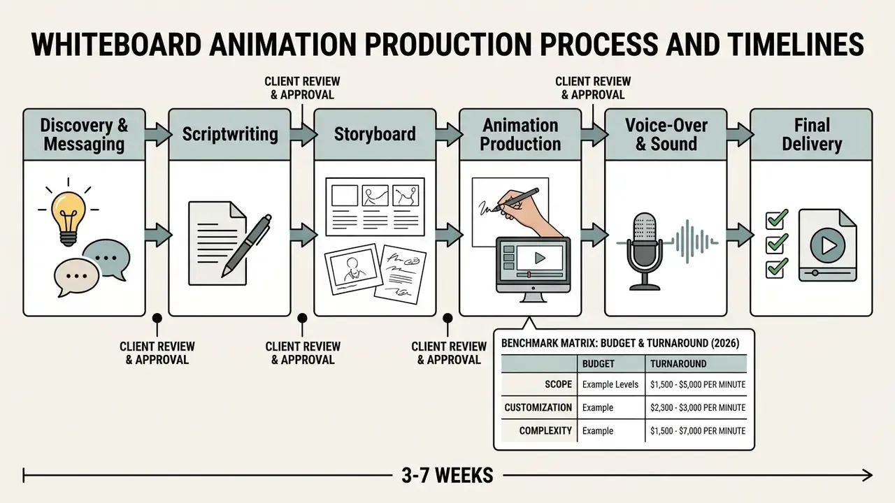 Six-step workflow diagram showing stages from discovery and scriptwriting to final video delivery