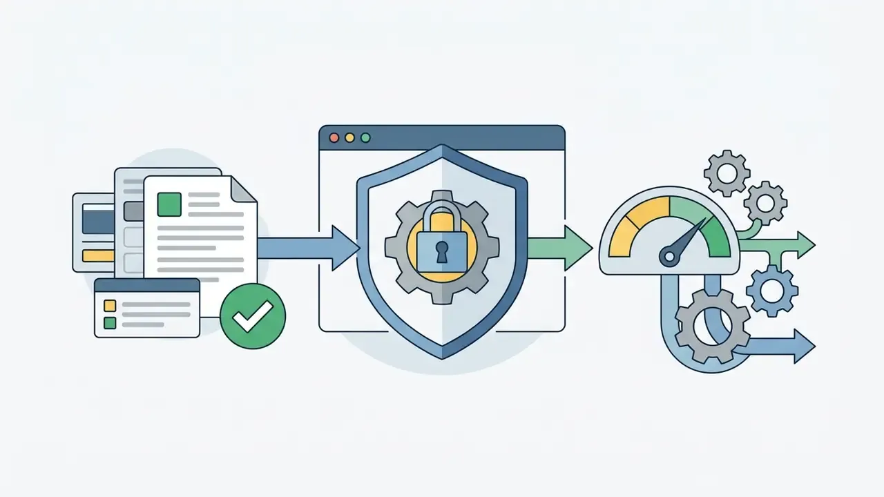 Documents flowing into a protected shield icon and then through a gauge to various output paths