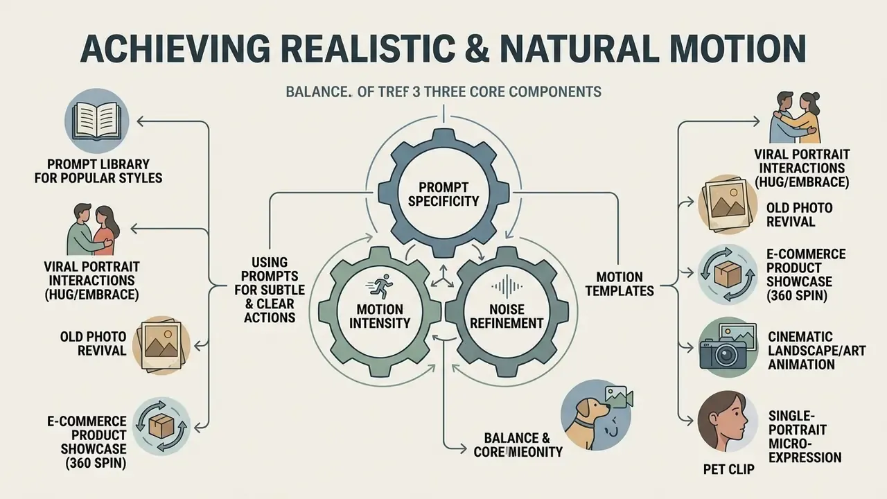 Infographic showing three interlocking gears representing prompt specificity, motion intensity, and noise refinement
