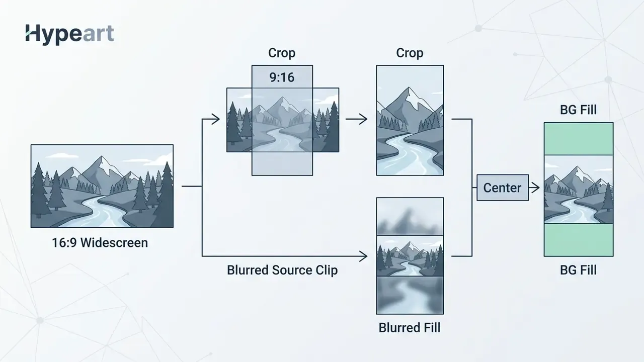 Diagram showing the process of converting 16:9 widescreen video to 9:16 vertical using crop or blur