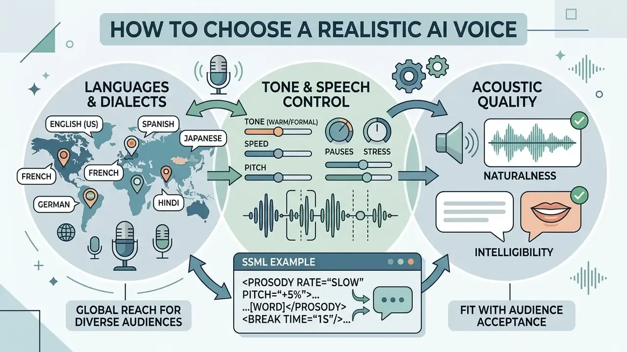 Infographic showing how to balance language, speech controls, and acoustic quality for an AI voice
