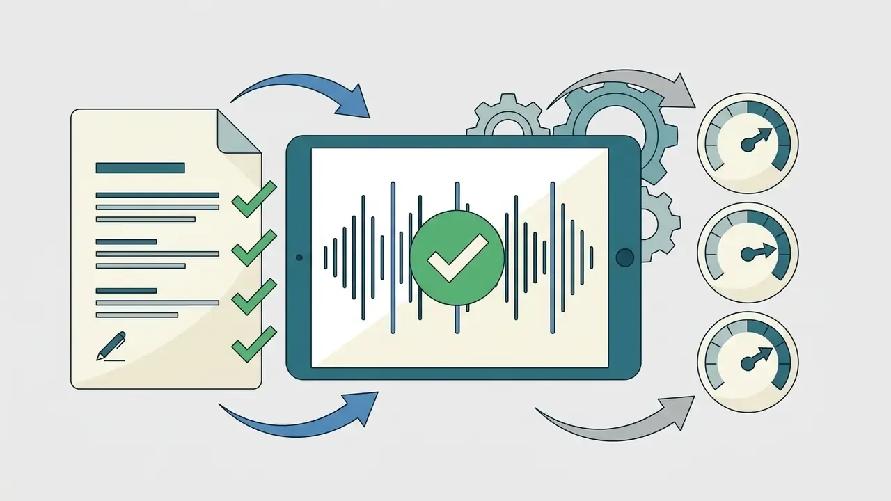 Checklist document and tablet with audio waveform and checkmark icon connected to performance gauges