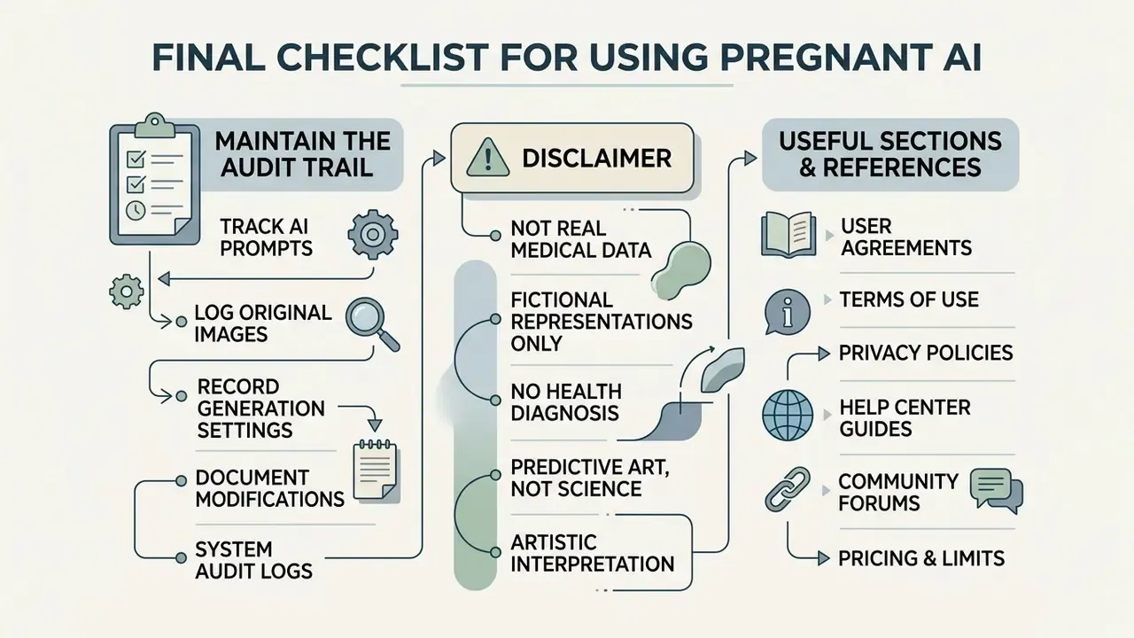Flowchart summarizing audit trails, disclaimers, and helpful resources for digital maternity content