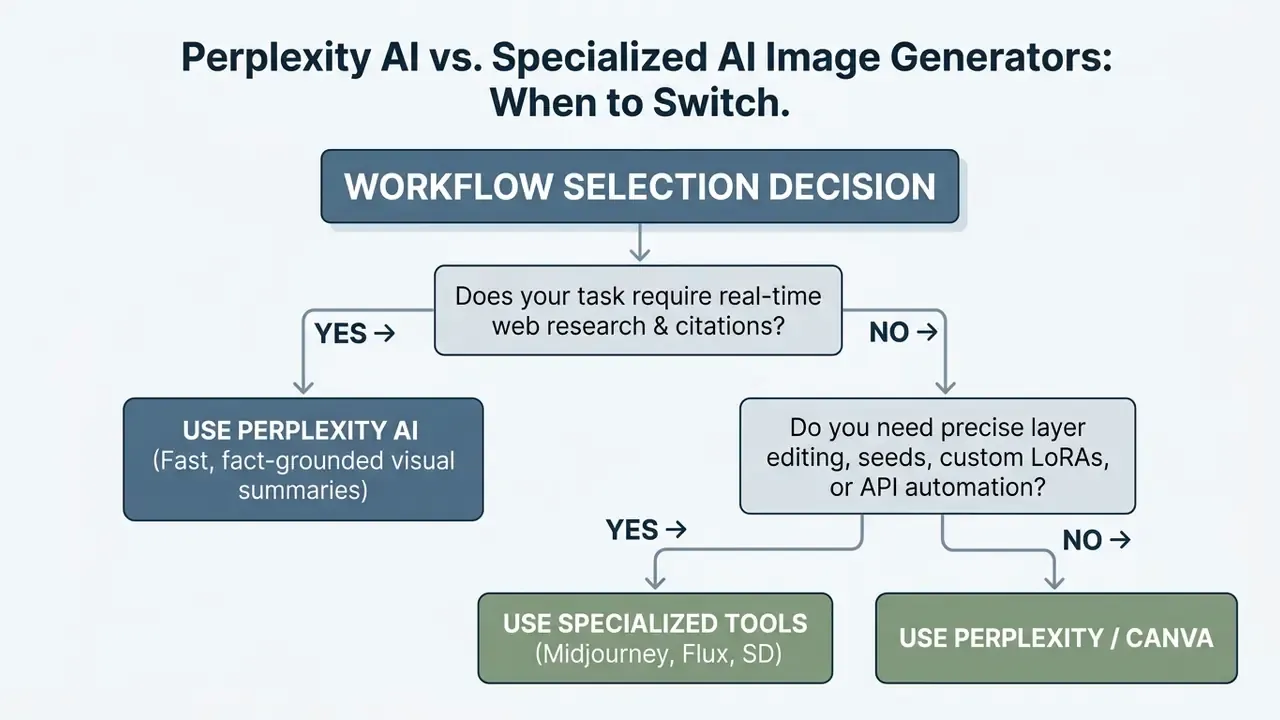 Decision tree flowchart guiding users between Perplexity AI and specialized image generation tools