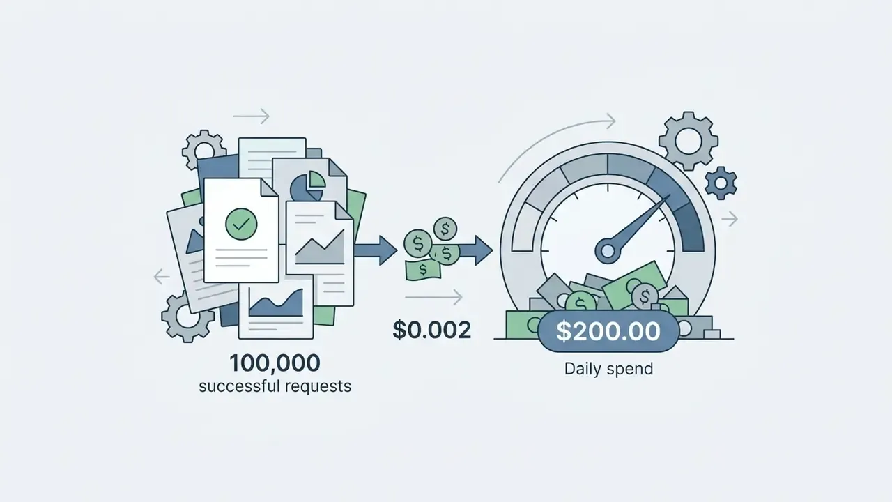 Calculation of daily API spend by multiplying request volume by the unit cost per request