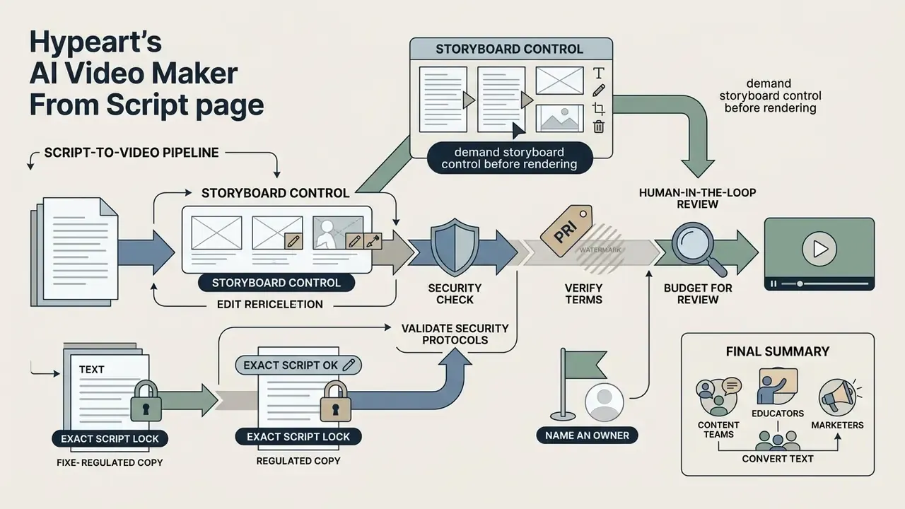 Flowchart illustrating a controlled script-to-video pipeline with storyboard, security, and review steps